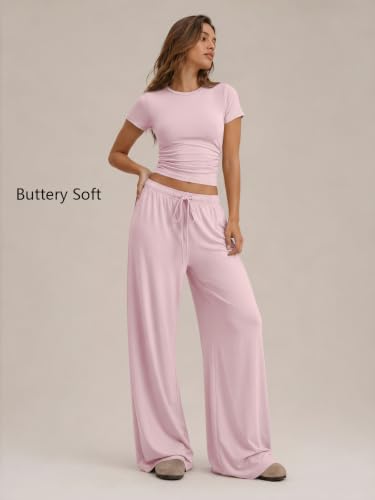 Image of Trendy Queen 2 Piece Matching Summer Lounge Set Womens Side Ruching Top Wide Leg Pants Sets with Pockets