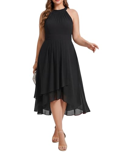Image of Ever-Pretty Plus Women's Sleeveless Halter A Line Pleated High Low Plus Size Wedding Guest Cocktail Dresses 31926-DA