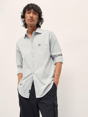 Image of THE BEAR HOUSE Men's Blue Tailored Fit Full Sleeve Cotton Solid Shirt