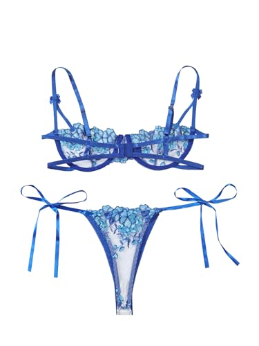 Image of Lilosy Sexy Tie Side Cute Underwire Push Up Strappy Embroidered Mesh Sheer Lingerie Set