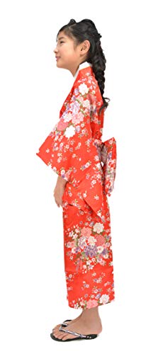 Tikusan Japanese Traditional Dress Kimono Yukata Robe for Kids Girls Costume (8-9 Years, Red)