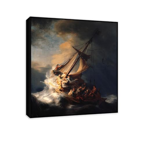 Impression d'art sur toile La Tempête sur la Mer de Galilée Rembrandt 40x50cm encadré noir