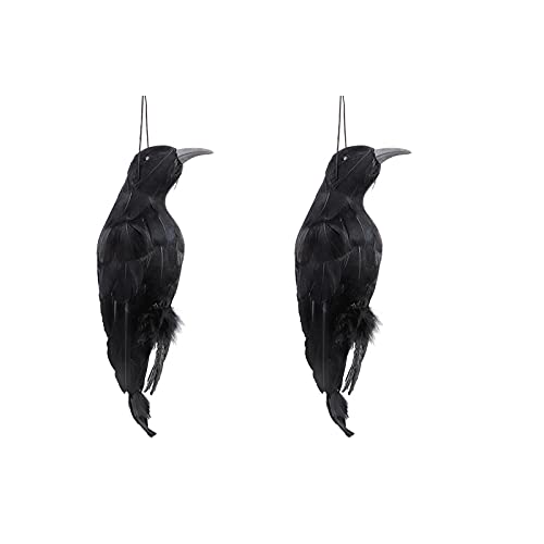 HJHIWE 12.6 Inch Halloween Hanging Crow, 2 Pack Scary Artificial Black Feather Crow Bird Lifesize Halloween Party Props and Decorations for Party Indoor and Outdoor.