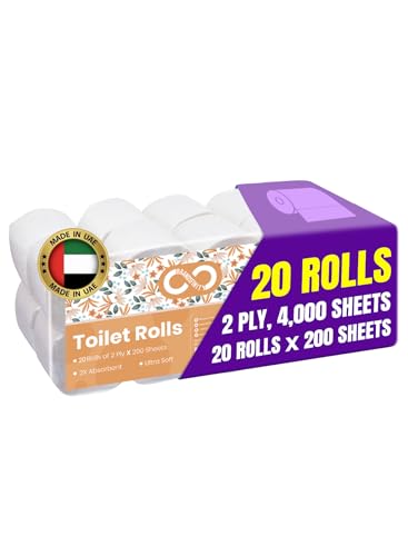 Brandsfinity Toilet Tissue Paper - Pack of 20 Rolls x 200 Sheets per Roll 2 Ply Soft and Fluffy Embossed Unscented Bathroom Tissue (Total 4000 Sheets)