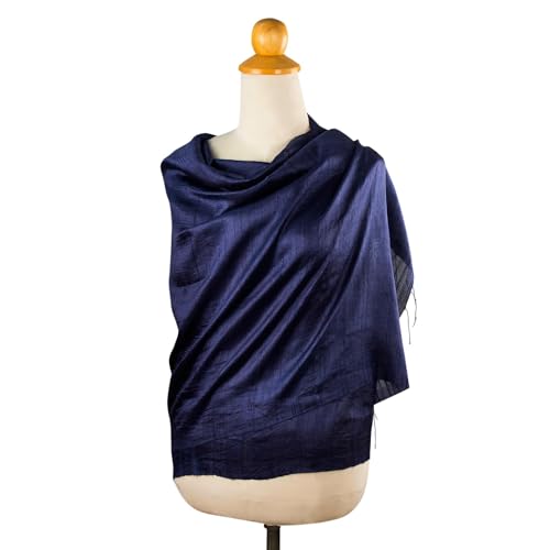 NOVICA Artisan Handwoven Silk Shawl Deep Blue Raw from Thailand Accessories Shawls Royal Classic Reflecting Pond Snorkel Solid ' Shimmering Indigo'3