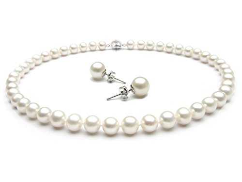 Collana TreasureBay di perle d'acqua dolce, con perle da 8 - 9 mm di qualità grado AA. Il set Include un paio di orecchini a lobo con perle da 8 mm e argento, colore: White, cod. TB9992TB