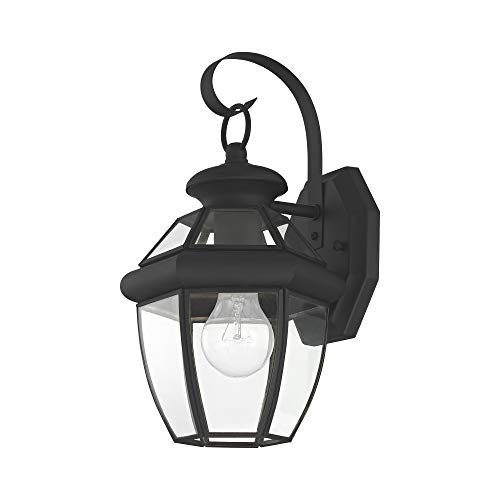 Image of Livex Lighting 2051-04 Monterey 1 Light Outdoor Black Finish Solid Brass Wall Lantern with Clear Beveled Glass | Clear Beveled Glass; Solid brass construction