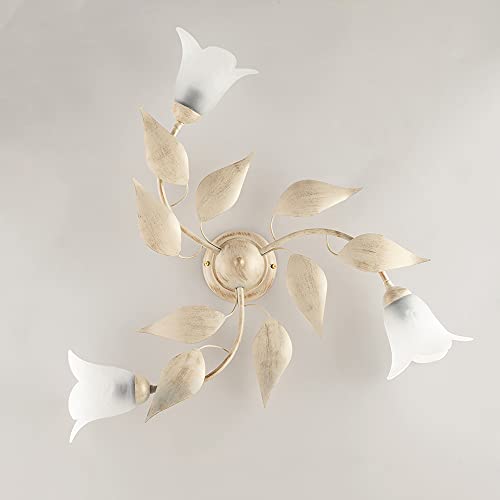 Generico Plafoniera in ferro battuto da soffitto avorio e oro, plafoniera shabby chic, plafoniera 3 luci, plafoniera con vetri bon-191