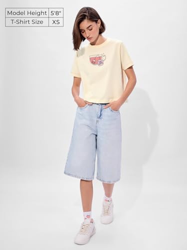 Image of The Souled Store Priori-Tea Women and Girls Short Sleeves Round Neck Yellow Embroidered Cotton Relaxed Fit T-Shirts