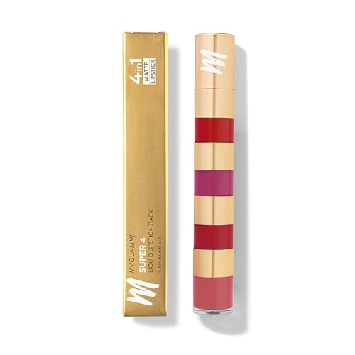 Image of MyGlamm Super 4 Liquid Lipstick Stack - True Bolds (Red + Plum + Vermillion + Pink) | Non Transfer, Smudge Proof 4 in 1 Velvet Matte Lipstick (4.8ml)