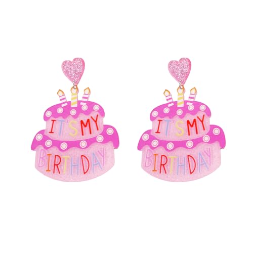 Cute Heart Birthday Cake Dangle Drop Earrings for Women Pink Glitter Acrylic It's My Birthday Letter Colorful Lightweight Statement Dangling Hanging Sweet Celebration Holiday Party Y2k Jewelry