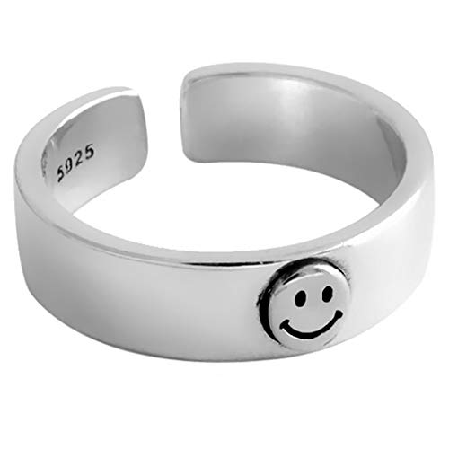 Woent Smiley Face Rings Adjustable Opening Ceremony Fashionable Rings Jewelry for Women and Girls (Silver-Silver Smile)