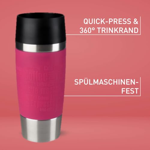 Emsa Travel Mug Classic Thermobecher, 360 ml, Isolierbecher hält 4h heiß, 8h kalt, 100 Prozent dicht, auslaufsicher, Quick-Press-Verschluss, 360 Grad-Trinköffnung, Kaffeebecher to go, Himbeer, 513550 3