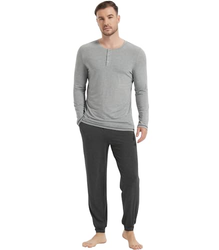 Image of NACHILA Mens Pajamas Set Long Sleeve Henley Sleepwear Top Soft Jogger Pants Pajamas Cool Pjs Set,Viscose Made from Bamboo