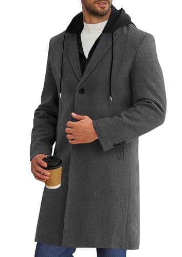 Runcati Mens Trench Coat Single Breasted Mid-Long Pea Coat Classic Winter Business Jacket with Detachable Hood