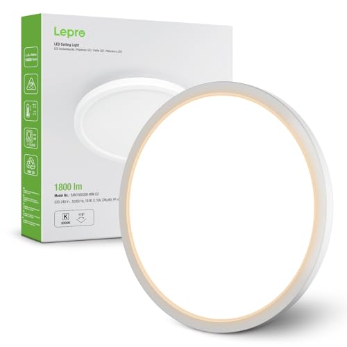 Lepro Plafonnier LED 18W, Luminaire Plafonnier Étanche IP44 3000K 1800LM, Angle de Faisceau 115 °, Non Dimmable, pour Salle de Bain, Balcon, Couloir,...