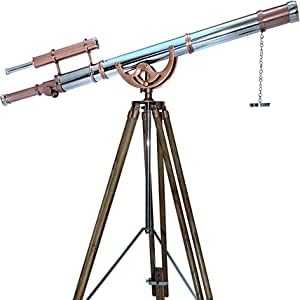 Martime Nautical Telescope Shiny Chrome/Copper Finish Double Barrel Adjustable Natural Wooden Teak Tripod Telescopic