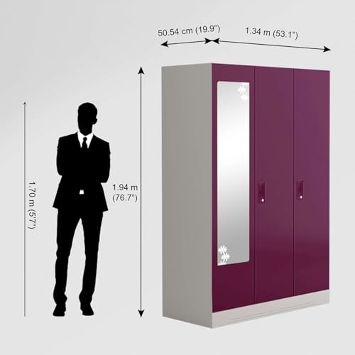 Image of Interio by Godrej Almirah Slimline 3-Door Steel Almirah, Cupboard for Clothes (Purple), 1-Year Warranty, 7 Shelves, 1 Locker, Star Design Mirror