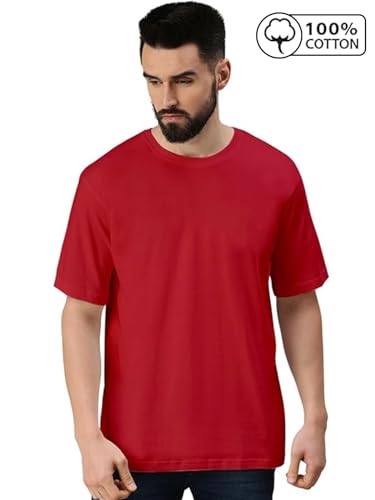 Image of Veirdo Oversized Baggy Fit Drop Shoulder Half Sleeves Round Neck Solid Pure 100% Cotton T-Shirt for Men (Available in White, Black, Mustard, Maroon, Green, Lilac, Navy, Red Color)