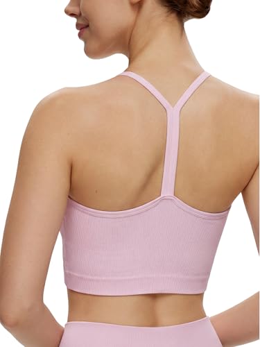 NANJI Seamless Sports Bra for Women - Padded Racerback Y Bra Low Impact Removable Pad for Fitness Gym Yoga Workout Top (Large Pink)