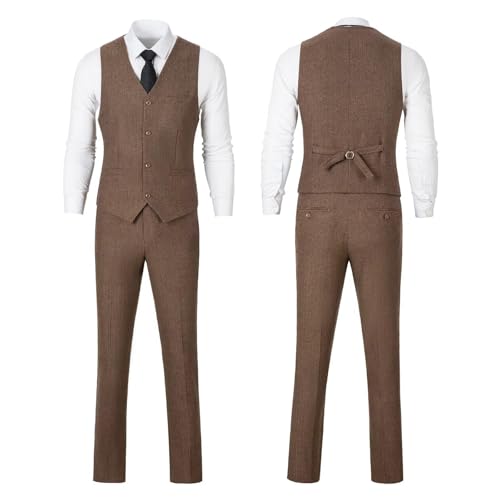 Image of Retro 3 Piece Suit Tweed Herringbone Men's Suits Slim Fit Jacket Vest Pant