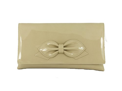 Sac de Bal beige nu faux cuir verni pochette mariage avec nœud élégant soirée femme