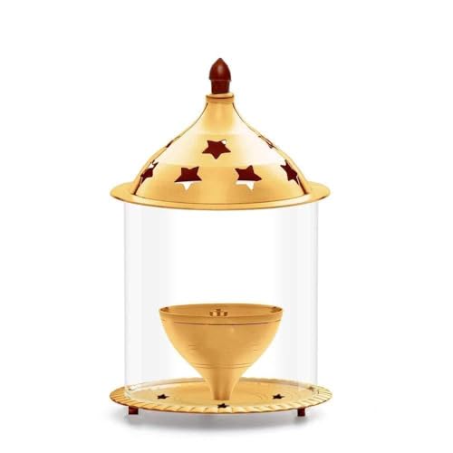 Brass Star Apple shape akhand Oil Diya/Lamp Hindu Puja Religious Brass Oil Lamp Pooja Essential for Indian Traditional Festival Housewarming Pooja Items Decoration (Golden)(Size:-L;4 Inch X H;6 Inch) by Aditri Creation - Used condition - US$20.82