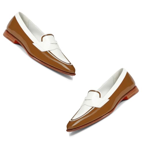 Image of Women Patent Slip On Loafer Flats Two Tone Round Toe Flat Heel Penny Loafers Casual 1 inch Low Heel Loafer Dress Shoes Oxford Comfort Chic Colorblock Office Ladies 4-11 M US