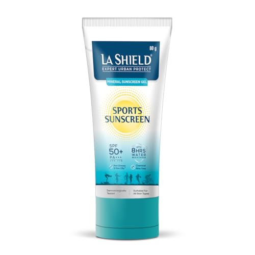 La Shield Mineral Sports Sunscreen Gel SPF 50 + | 100% Mineral sunscreen | 8 Hours water resistant | For Women and Men | No White Cast | Broad Spectrum PA+++ | Lightweight and Non Greasy | Fragrance-free |Dermatologist Tested | 80g