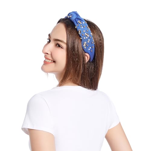 Football Headband for Women, Pearl Rhinestone Jeweled Knotted Headband, Fun Sports Football Embellished Wide Top Knot Hairband Headpiece Game Day Sports Hair Accessories Gift for Mom Football Fans - Thumbnail 3