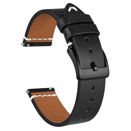 Ayadoo 18mm Correa de reloj de cuero italiano, bandas de cuero genuino, Negro con hebilla negra