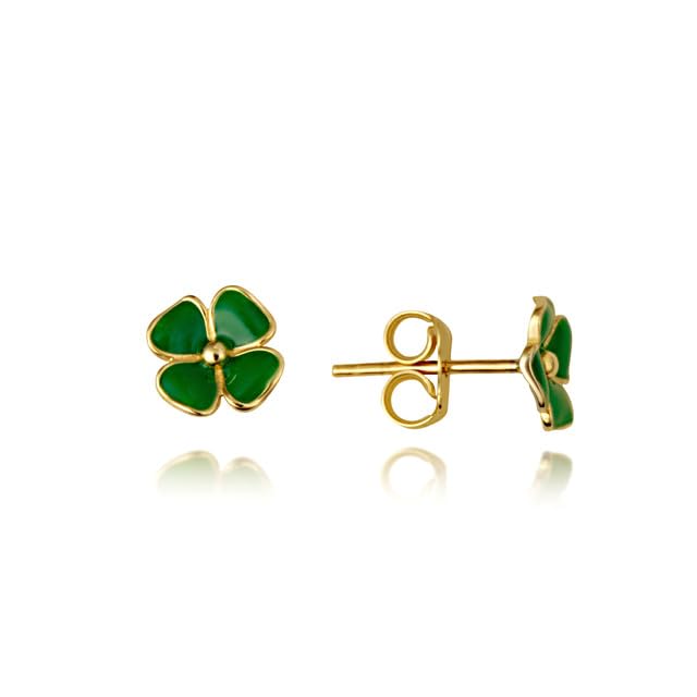 Green Enamel Lucky Four Leaf Clover Stud Earrings Real Solid 14K Yellow Gold