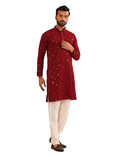 Sojanya (Since 1958 Men's Cotton Embroidered Sequinned Maroon Kurta With White Churidaar Pyjama