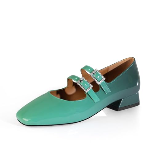 anteikira Women's Fashion Square Toe Mary Jane Pumps Low Chunky Heel Double Strap Mary Jane Shoes Slip On Comfortable Flats Shoes for Ladies Size 5.5-12US