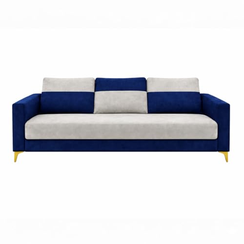 Image of Strikex Dual Tone Plush 5 Seater L Shape Sofa Set with 2 Movable Ottomans| Flexible Layout | Silken Velvet Suede| Golden Metal Legs|for Living Rooms & Office (Dark Blue & Light Grey)