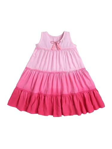 Image of The Magic Wand Tie & Dye Printed Sleeveless Tassels Dress for Kids Baby Girls, Casual Summer Frocks Fit & Flare Knee Length Midi Dresses, Pink, 5-6 Year