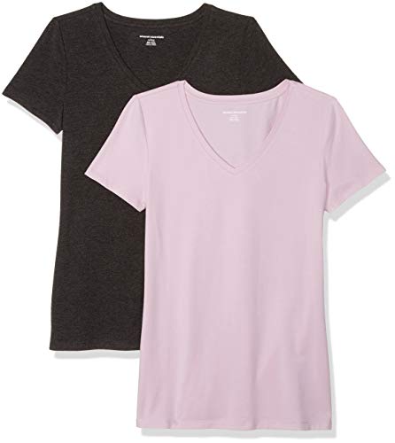 Amazon Essentials Women's 2-Pack Classic-Fit Short-Sleeve V-Neck T-Shirt, Light Purple/Charcoal Heather, X-Large