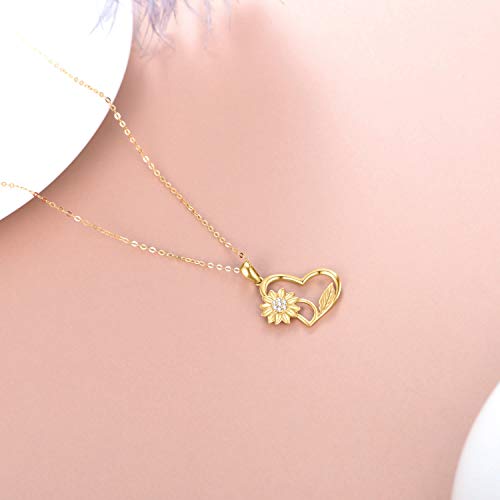 Real 14K Yellow Gold Sunflower Heart Pendant Necklace For Women, Love Jewelry Gifts For Wife/Mother, Christmas Present For Her, 16"-18" #TOP4