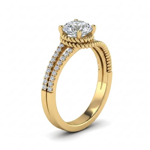 Image of Choose Your Gemstone Rope Split Shank Diamond CZ Ring Yellow Gold Plated Round Shape Split Shank Engagement Ring Minimal Modern Design Birthday Gift Wedding Gift US Size 4 to 12