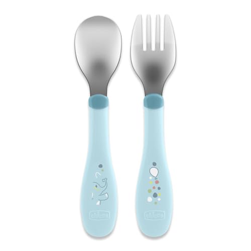 Chicco Posatine Inox, Posate Bambini, Set Pappa, Forchetta e Cucchiaio per Bambini, in Acciaio Inossidabile, Facili da Impugnare, Set Svezzamento Prima Pappa, 2 Pezzi, 18M+, Azzurro