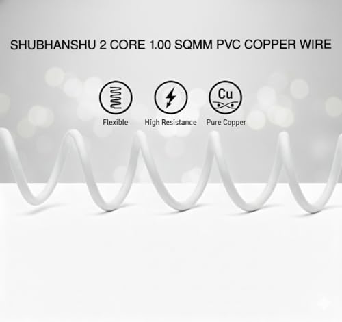 Image of 2 Core X 1.00 SQMM Copper Round Wire | PVC Insulated Flexible Electric Cable | ISI Certified | Pure Copper Cable | 90 Meters | White | Round