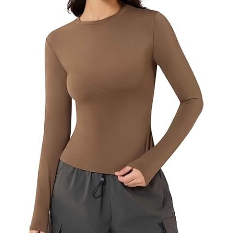 PATTERN HOUR Women's Long Sleeve T-Shirt Slim Fit Crew Neck Basic Sexy Tee Double Line Coffee Cover