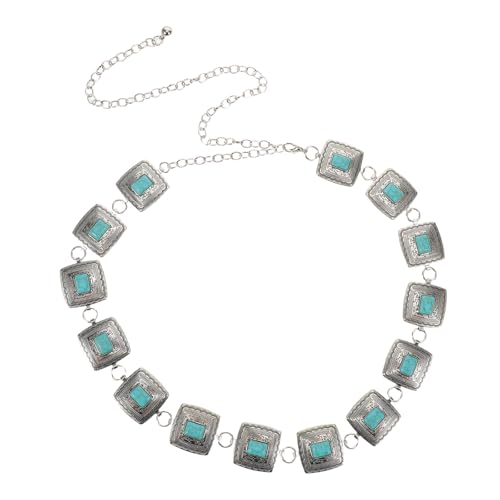 BESPORTBLE Turquoise Waist Chain Belt: Retro Boho Square Charms Link Cowgirl Body Chain Jewelry for for Dress Jeans Country Concert Outfit