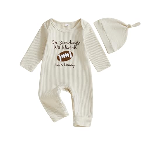 Image of MERSARIPHY Infant Baby Boy Girl Football Outfit On Sundays We Watch Football With Daddy Football Season Romper Jumpsuit + Hat