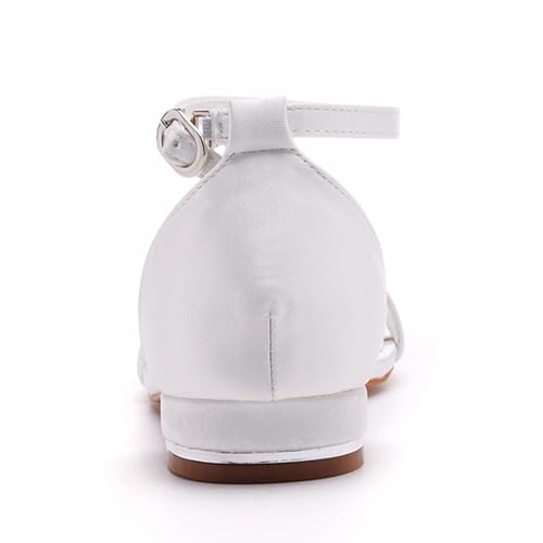 Women's Satin Flat Shoes, White Bridal Shoes Wedding Dress Shallow Mouth Open Toes Ankle Buckle Comfortable Casual Shoes, 39 EU,White3