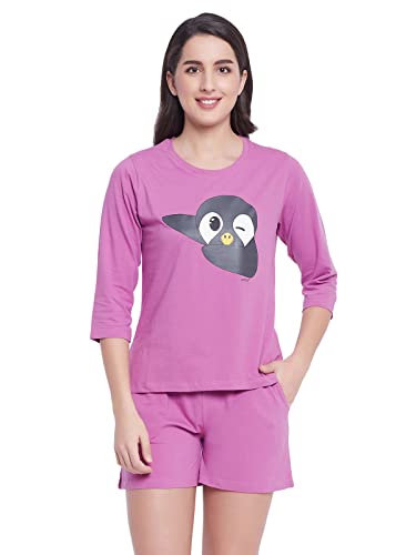 Image of Clovia Women's Cotton Printed T-Shirt & Shorts Set - Purple