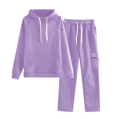 Generisch Conjunto de chándal para mujer, monocolor, dos piezas, chándal largo, sudadera con capucha, pantalones de jogging, ropa cálida, 2 piezas, traje deportivo cómodo, traje deportivo holgado