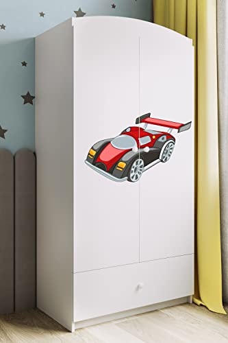 Générique Armoire BABYDREAM- Voiture de Course - en Panneaux de Particules 90x57x187 cm, Couleur Blanc avec étagères et tiroir