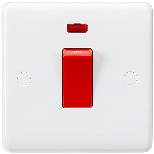 Knightsbridge CU8331N Curved Edge 1 Gang DP Switch and Neon in White with White Rockers, Cooker 45A Red Switch + Neon