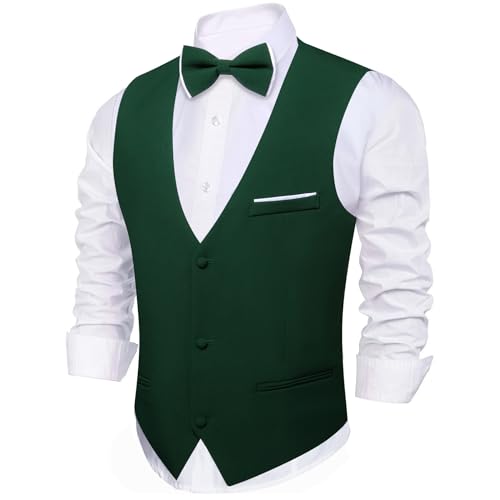Image of Barry.Wang Mens Suit Vest Bow Tie Set 4PCS Formal V-neck Slim Fit Casual Solid Color Waistcoat Wedding Party Tuxedo